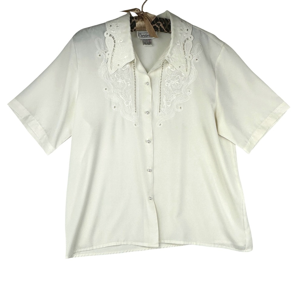 Christie & Jill Blouse Womens 12 Regular Cream Embroidered Lace VTG Polyester